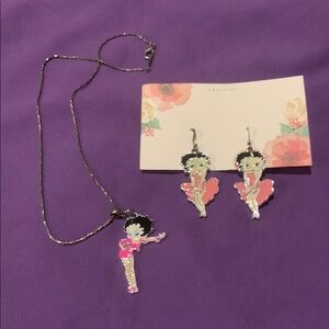 Pink and Silver Betty Boop Necklace and Earrings Set